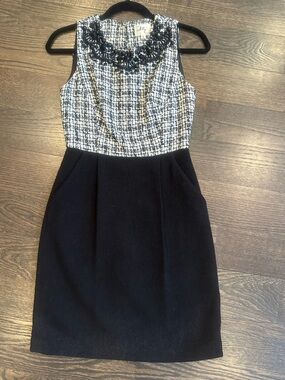 Milly Sleeveless Black and White Tweed and Beaded Sheath Dress